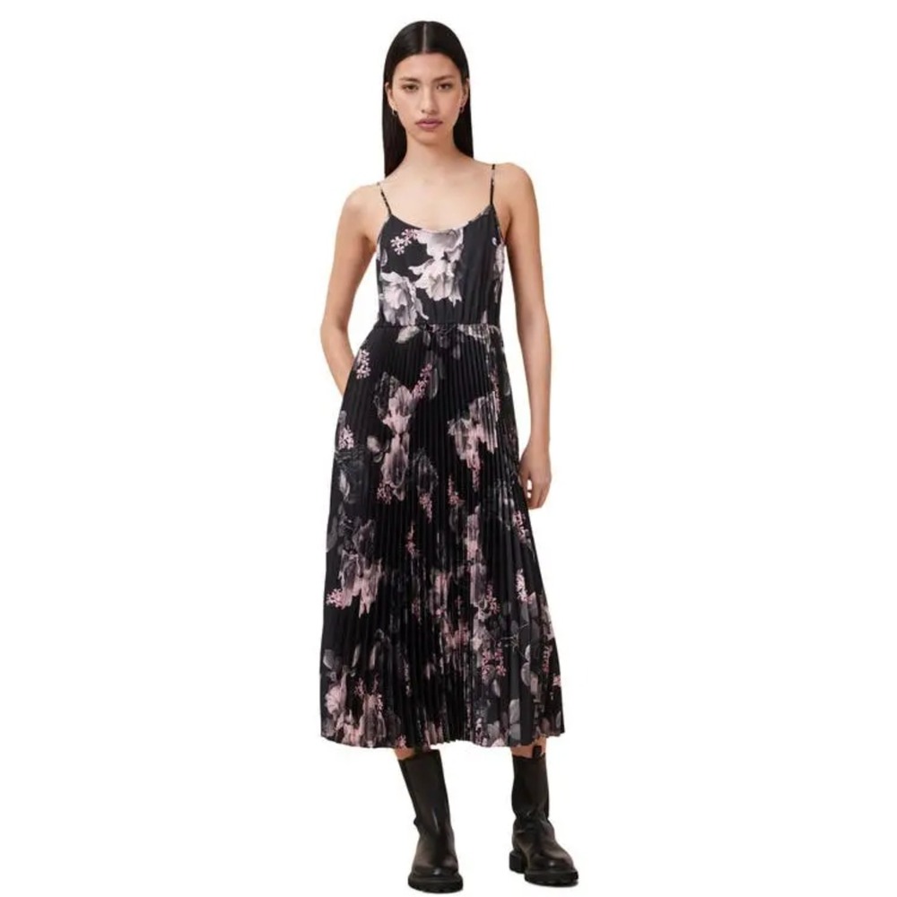 B42 AllSaints Leowa Gia Slip Dress Small Black Pink Floral Pleated Midi Romantic